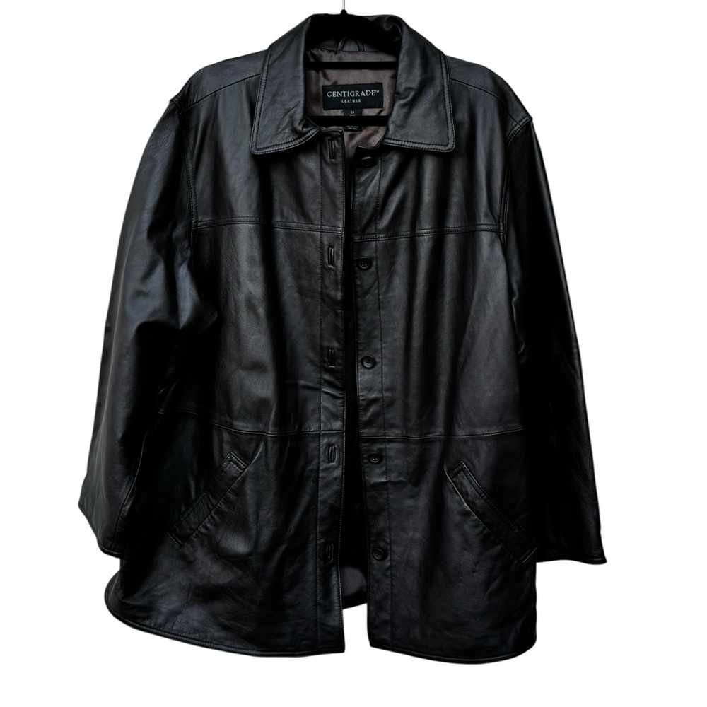 Leather Brown Button-Front Coat size 2X - Picture 2 of 12